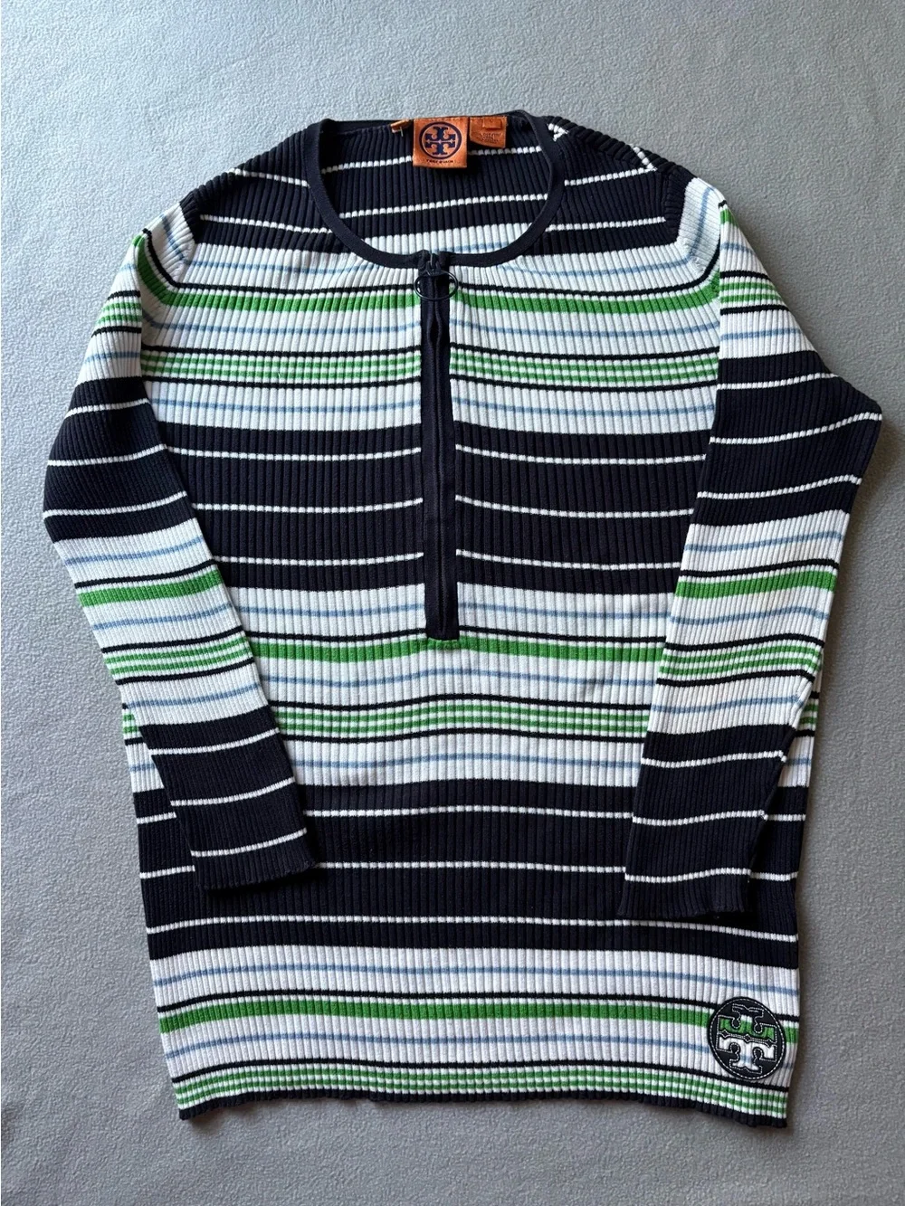 Tory Burch Half Zip Multi-Color Striped Ribbed Knit Sweater Slim Fit Luxury